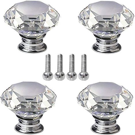 Lot 4 Poignées Tiroir Cristal Forme Diamant 40 mm Avec Vis - Pour Cuisine Bureau Armoire Meuble et Poubelle Maison (1/2)