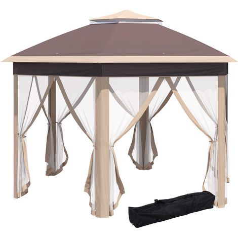 Pavillon de jardin pliable, tente pop-up 4 x 4 m, tente de réception avec sac de transport, 6 panneaux latéraux, double toit, hexagonale, kaki