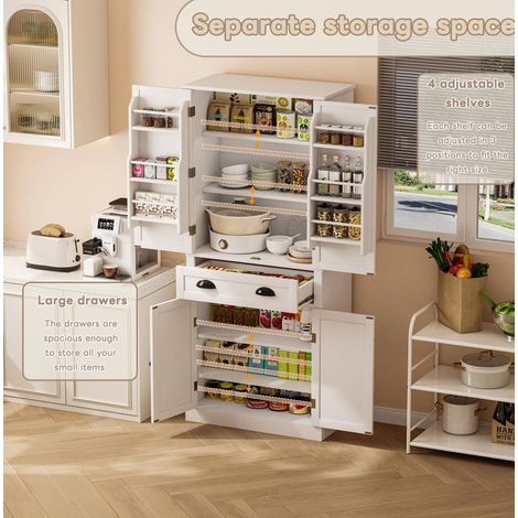 Armario despensa (80x40x182 cm), con 4 puertas y 1 cajón, 6 compartimentos, MDF, blanco (1/5)