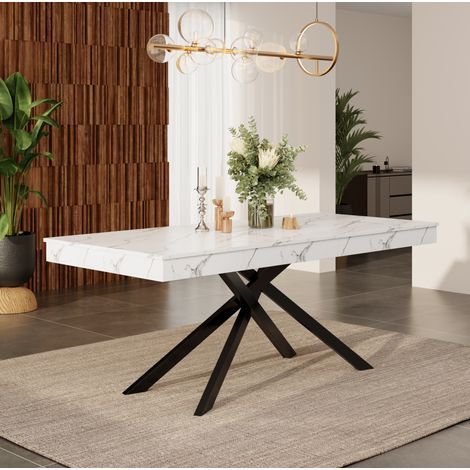 Table à manger extensible 140/180 x 80 cm blanche en MDF avec pieds en métal (1/5)