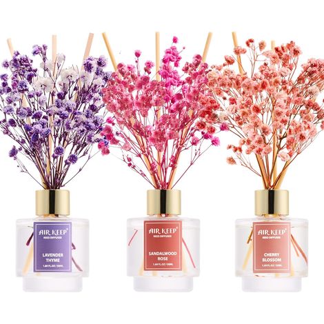 Fragrance Diffuser 50 ml x 3, Lavender Thyme, Sandalwood Rose, Cherry Blossom Home Diffuser with 24 Sticks Diffuser Decoration for Bedroom, Living Room, Bathroom, Office (1/5)