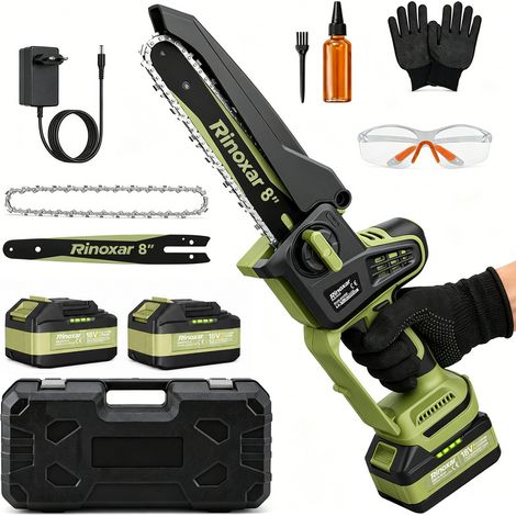 Rinoxar Mini-Akku-Kettensäge 8 Zoll, bürstenloser Motor, 2 Akkus, automatische Kettenschmierung, für Gartenarbeiten (1/5)