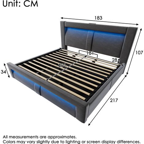 Lit double 180×200 cm gris velours,lit hydraulique avec rangement,LED contrôlable par appli,ports USB/Type-C,tête de lit incurvée,sans matelas (1/5)
