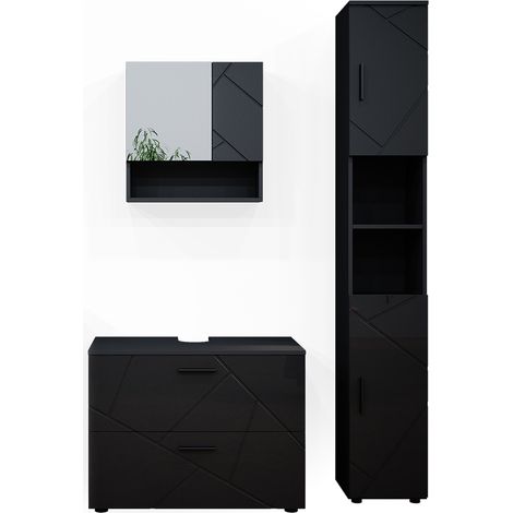Conjunto de muebles de baño Irma, Antracita alto brillo, 3 piezas, con cajonera y mueble alto, Vicco
