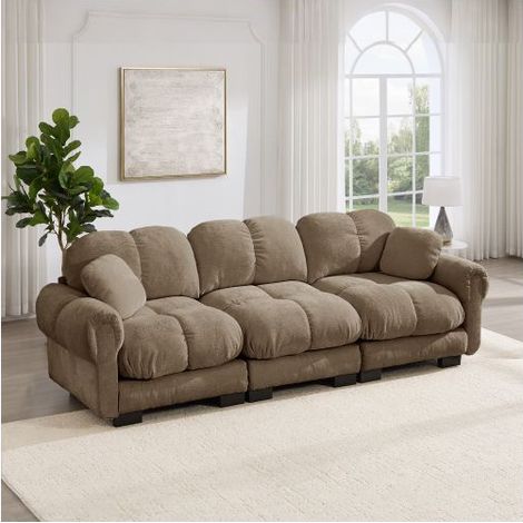 Canapé Modulable 260x86x90cm 3 Places Tissu Chenille Doux - Canapé Droit - Design Nuage Confortable Épais avec 2 Coussins Marron (1/5)