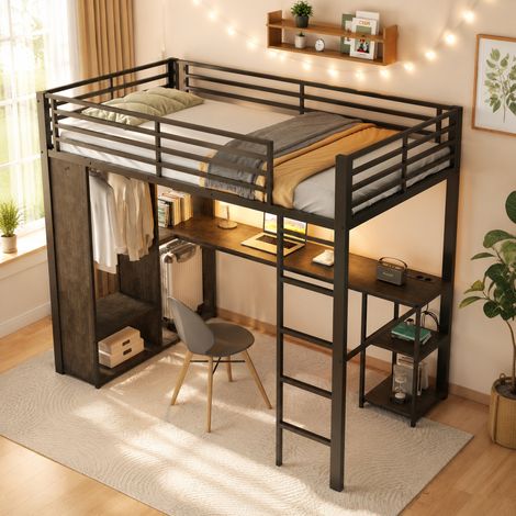 Lit mezzanine enfant 90x200 cm avec bureau intégré, LED, rangements, penderie ouverte, prise USB et USB-C, certifié EN747,Noir en métal et MDF (1/5)
