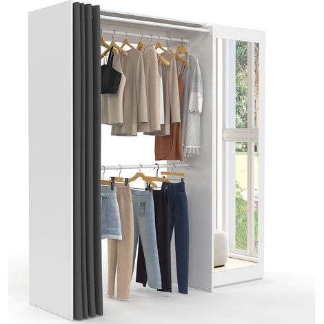 Dressing extensible MARTY 120/170 x 50 x 180 cm blanc avec étagères + double penderie + miroir + rideau gris (1/5)