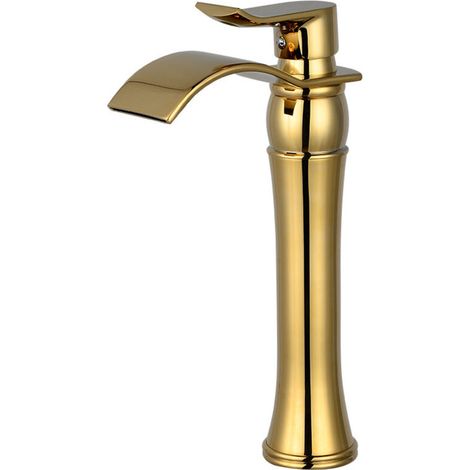 Ahlsen Vollkupfer-Waschtischarmatur für heißes und kaltes Waschbecken, Wasserfall-Wasserhahn, Badezimmer-Waschbecken, Aufsatzwaschbecken, erhöhter Wasserhahn, Gold, einteilig