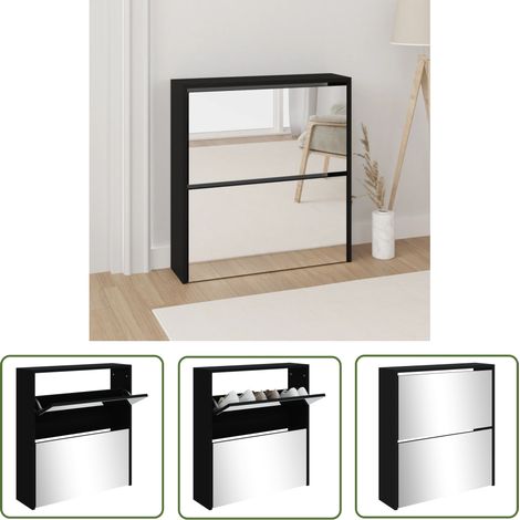The Living Store Schuhschrank mit Spiegel 2 Fächer Schwarz 63x17x67 cm - Schuhschrank - Schrank - Schuhregal - Garderobe - Einbauschrank (1/5)