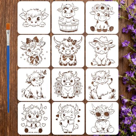12Pcs Pochoir de Peinture en Forme de Veau Mignon Avec Pinceau 20x20cm Motifs de Vache à Fleurs de Ferme de Bétail Des Highlands Motif Animal de Dessin Animé pour Décoration de Sol (1/5)