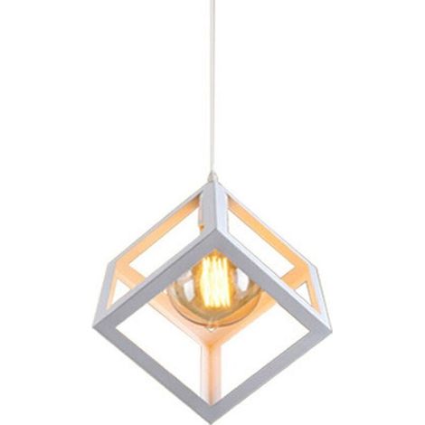 Suspension Contemporain forme Cube Carré, E27 Lustre Abat-Jour Industrielle Métal Fer pour Salon Salle à Manger Restaurant Bar, Blanc (1/4)