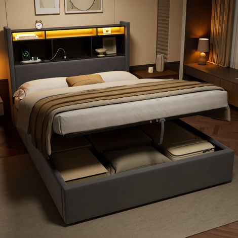 Cama tapizada 140 x 190 cm (colchón no incluido), con iluminación LED y puertos de carga, espacio de almacenamiento (1/5)