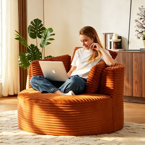 Fauteuil lounge rond surdimensionné velours côtelé, fauteuil nuage moderne assise profonde salon chambre -124x113x86cm -Jaune (1/5)