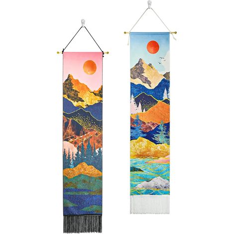 Lot de 2 tapisseries de montagne, lever et coucher de soleil avec pompons, tapisserie murale représentant un paysage naturel et une forêt. (1/4)