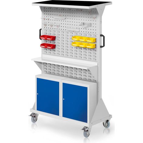 Kappes RasterMobil® mobiler Arbeitsplatzschrank Größe 4 1580x1000x500mm 2x Lochplatte 6x Schlitzplatte mit Auflageboden inkl. Riffelgummimatte und Einhängeschrank 40-teilig lichtgrau