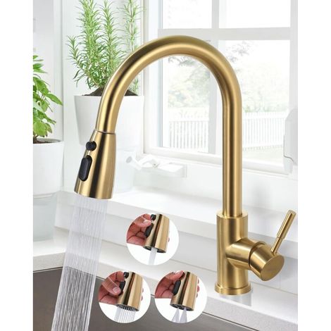 Rubinetto da cucina in acciaio inox ad alta pressione, girevole a 360°, estensibile, con cartuccia in ceramica a tenuta stagna e 3 tipi di getto. Finitura oro. (1/4)