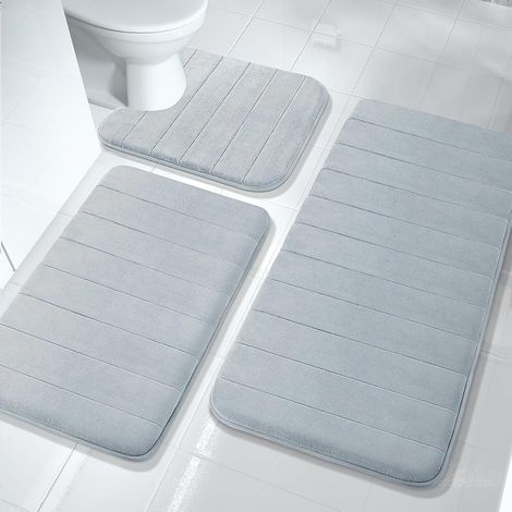 Lot de 3 tapis de bain en mousse à mémoire de forme, lavables, doux et à séchage rapide, antidérapants et absorbants, tapis de salle de bain pour douche, WC et baignoire (gris clair) (1/5)