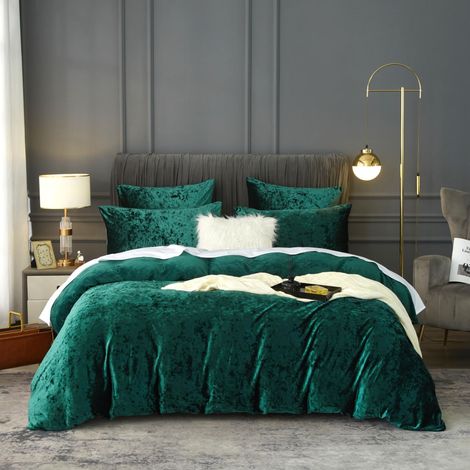Parure de lit d'hiver 155x220cm velours vert vert foncé moelleuse peluche polaire chaude housse de couette réversible lit double housse de couette avec fermeture éclair et 2 taies d'oreiller 80 (1/5)