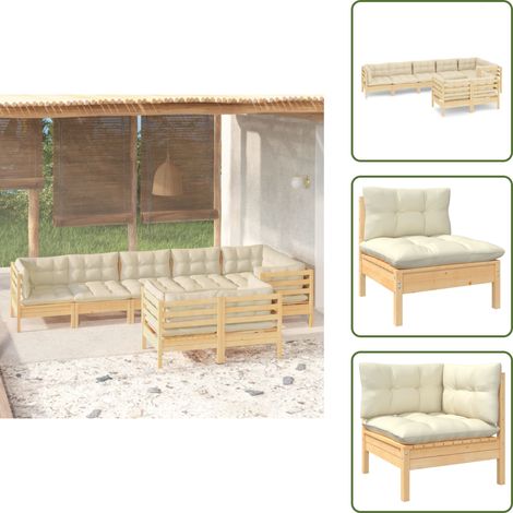 Salon de jardin 8 pcs avec coussins crème Bois de pin massif - Salon De Jardin - Mobilier De Jardin - Ensemble Salon De Patio - Meubles De Terrasse - Chaise Longue (1/5)