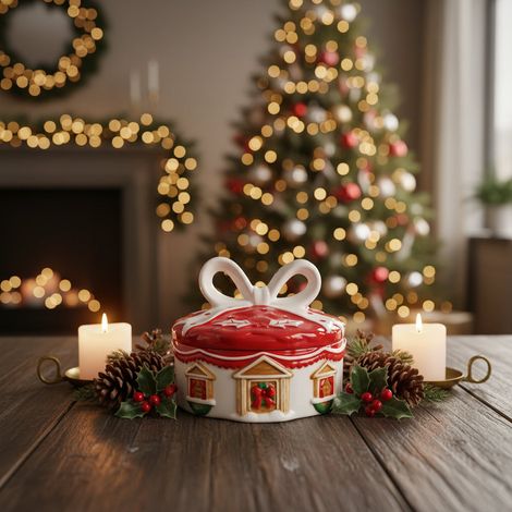 Barattolo tondo con decorazione casa per confezione natalizia -Verde (1/5)