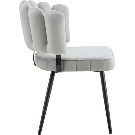 Lot de 2 chaises de salle à manger en velours gris clair avec dossier en forme de fleur et pieds métal noir, hauteur 80 cm (1/5)