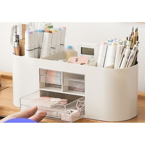 Boîte de rangement porte-stylos en plastique blanc - tiroir transparent (1/5)