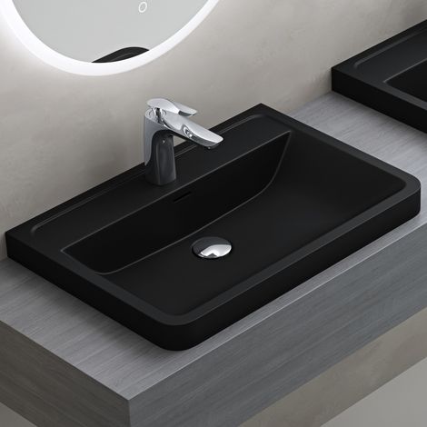 doporro Lavabo à Encastrer Noir Mat Vasque en Solid Surface Lave Mains Rectangulaire de Qualité pour Salle de Bain 60x42x14,5cm Colossum08
