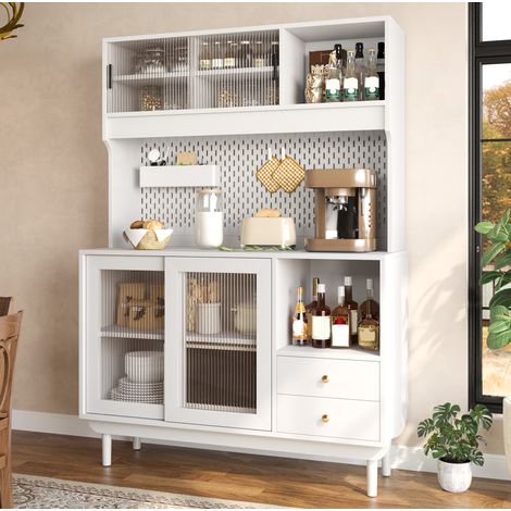 Buffet de cocina 117x30x170 cm, con puertas correderas de vidrio acanalado, cajones, MDF y aglomerado blanco (1/5)