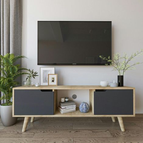 Petit meuble TV 2 portes grises cadre effet bois clair MARFA (1/5)