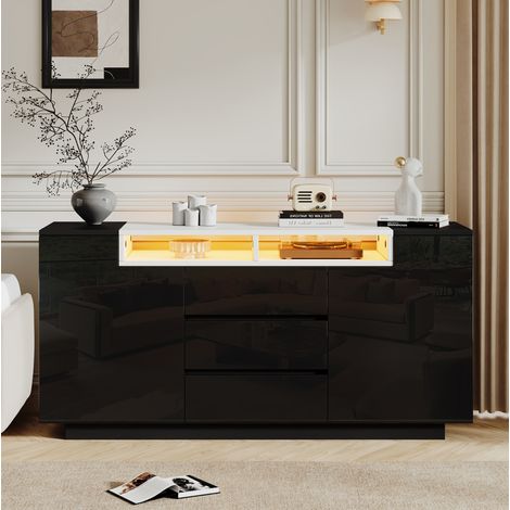 Sideboard für Wohnzimmer (140x40x68 cm), mit 2 Türen und 3 Schubladen, Hochglanzfront, Spanplatte, Schwarz (1/5)