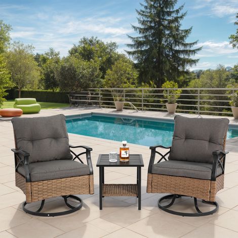 Ensemble de 3 chaises pivotantes d'extérieur avec 1 table et 2 chaises pivotantes, supportant jusqu'à 159 kg, mobilier de jardin en résine tressée marron. (1/5)