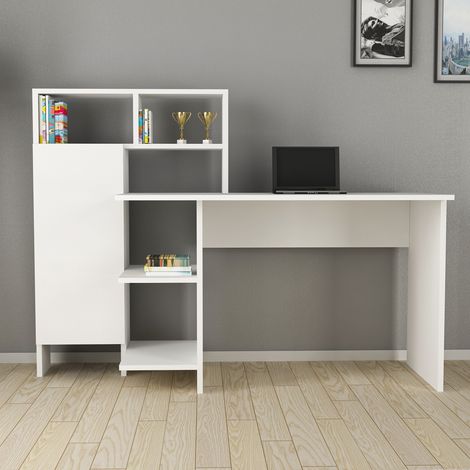Escritorio Cremella, 6 Estantes, Una Puerta, 7 Compartimentos, 136x60x112h cm Blanco (1/4)