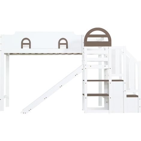 Etagenbett für Kinder mit Fenstern, Rutsche und Stauraumtreppe 90x200 cm weiß braun (1/5)