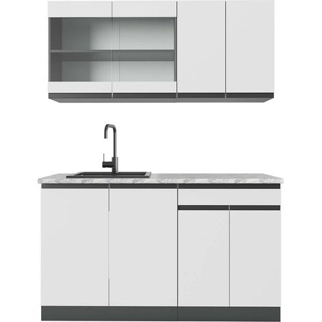 Cucina monoblocco R-Line, Bianco/antracite, 140 cm , PL Marmo, Vicco