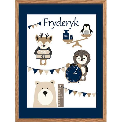 Tableau cadre bois clair Grow Up métrique de naissance bleue - Bleu cadre Bois clair