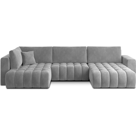 Sofá esquinero BONITA convertible 6 plazas gris claro efecto terciopelo – derecho – 350x175cm (1/3)