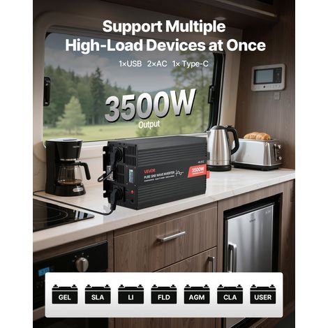 Convertisseur Pur Sinus CC 12 V vers CA 230 V Onduleur Sinusoïdal Pur 3500 W, avec Écran LCD, Télécommande Filaire, Port USB et Type-C, 2 Prises CA, pour Camping-car, Voiture, Système Solaire (1/5)