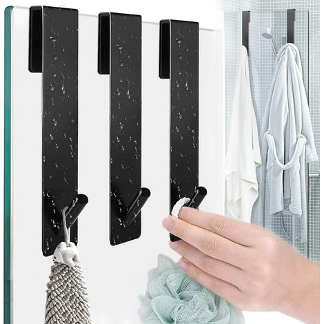 BRAVIX 3 Pièces Crochet Douche Acier Inoxydable, Crochet de Porte en Verre avec Mousse Protection, Crochet Douche Sans Percage, Crochet Douche Salle Bain, Crochet Douche pour Verre Porte(Noir)