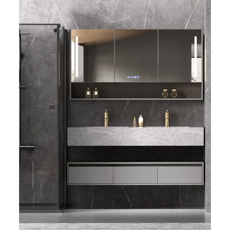 Kroos – Ensemble de meubles de salle de bain double vasque 150 cm – Miroir anti-buée avec Led – Pierre frittée et céramique blanche – 2 tiroirs avec fermeture douce (1/4)
