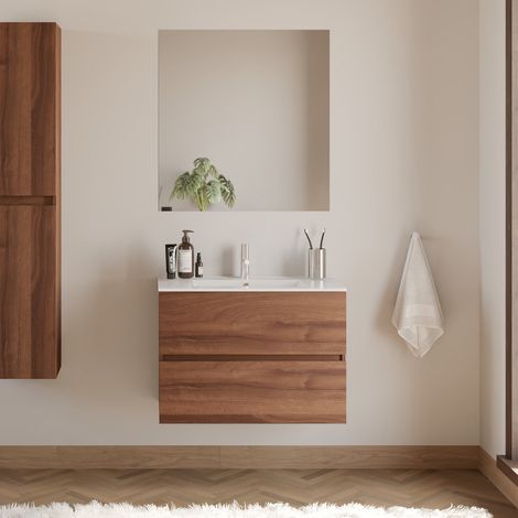 Meuble de salle de bain 60cm simple vasque - 2 tiroirs - noyer (bois foncé) - IDA (1/5)
