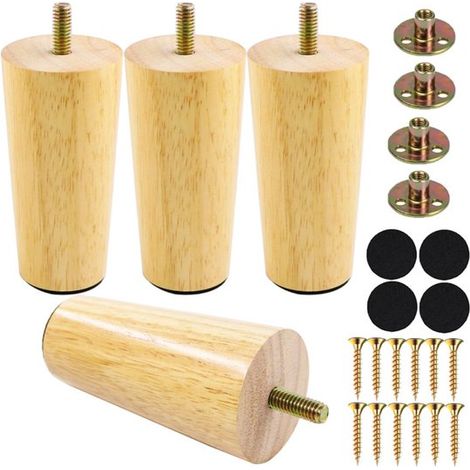 Anschraubbare, konische Holzmöbelfüße 12 cm – inklusive Schrauben und Montageplatten für Betten und Sofas