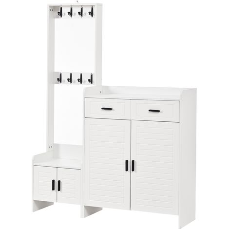 Mueble de entrada con zapatero blanco 125 x 32 x 165 cm, 2 cajones, 2 puertas, 8 ganchos (1/5)