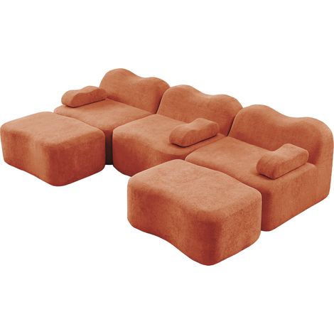 Sofá modular en U de 3 plazas con 2 ottomans, espuma 32D, terciopelo naranja (1/5)