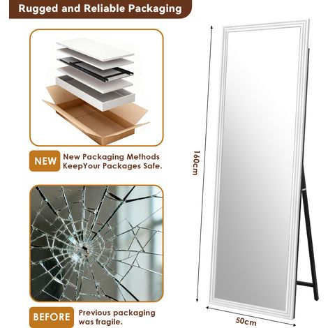 Espejo de pie 160x50 cm de madera y metal blanco, soporte inclinable estable – MEUBLIV (1/5)