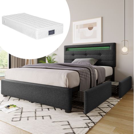 lit adulte rangement LED 90x200 matelas ressorts gris OKMYHOME (1/5)