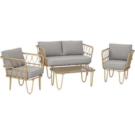 Gartenmöbelset aus böhmischem Rattan, bestehend aus 2-Sitzer-Sofa, 2 Sesseln und einem Beistelltisch aus Glas.
