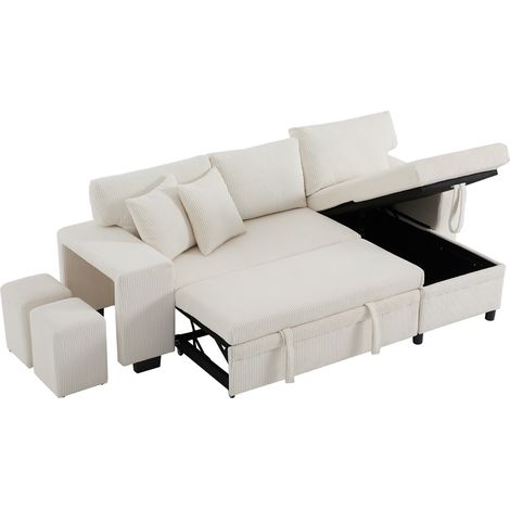 Sofá cama esquinero en L convertible 3 plazas, terciopelo acanalado beige, USB y arcón (1/5)