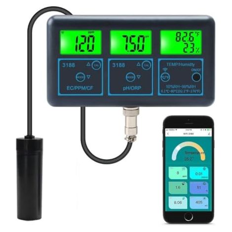 7 en 1 Analyseur de qualité de l'eau pour piscine avec chlore résiduel, pH, ORP, sel, température, WiFi compatible avec Tuya, fonctionnement enfichable, sondes de haute précision pour piscine (EU) (1/5)
