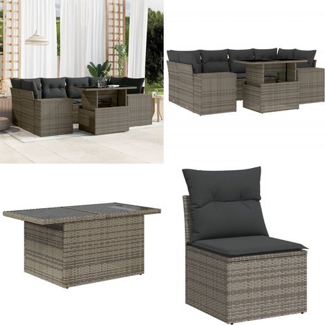 7-tlg. Garten-Sofagarnitur mit Kissen Grau Poly Rattan - Gartenmöbel Set - PE-Rattan Möbel - Outdoor Lounge - Gartenlounge - Terrassenmöbel - Home & Living (1/5)