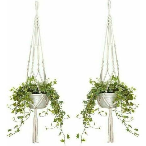 Lot de 4 Paniers Suspendus en Macramé Corde de Coton Pot de Fleur Jardinière Paniers Suspendus pour Intérieur et Extérieur Plafond/Balcon/Mur Décoration, 105 cm, 4 Cordes, Blanc,Autre déco murale (1/4)